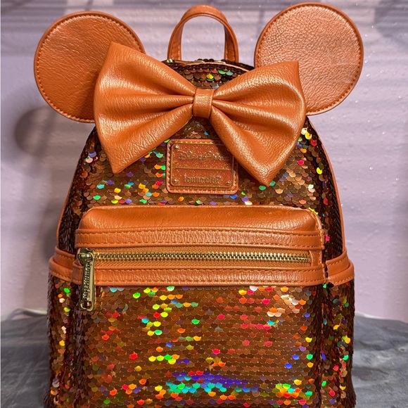 Loungefly Handbags - Disney Parks Exclusive Minnie Mouse Peach Punch Sequin Loungefly Mini Backpack